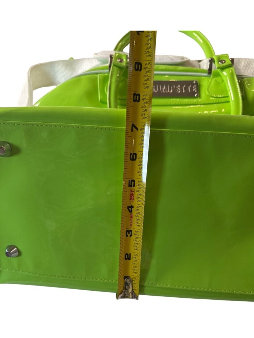Trumpette Neon Glossy Patent Green Tennis Bag W/Shoulder Strap & Handles - Picture 12 of 15